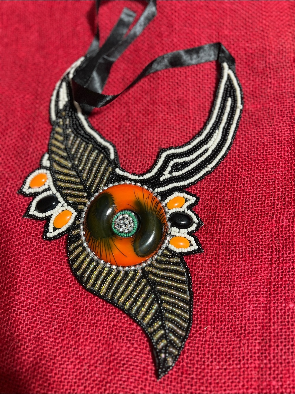 Handcrafted Orange and Black Beaded Statement Necklace